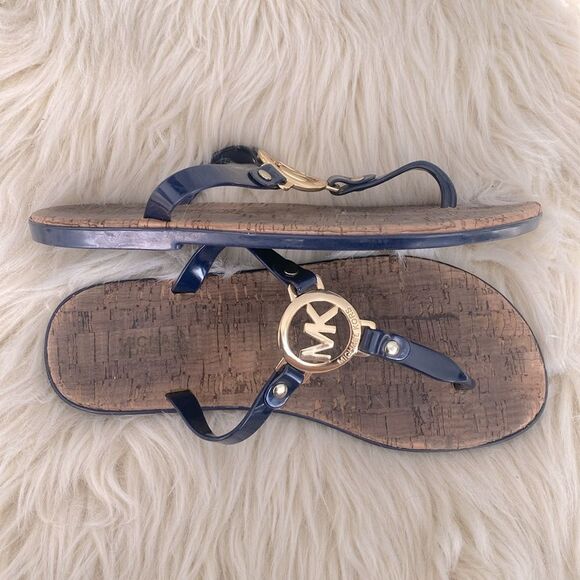 Michael Kors Mira jelly thong sandals Gold logo Navy Blue Beach Vacation Casual - Picture 4 of 7